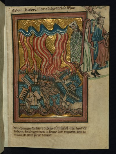 Lot e la sua famiglia fuggono da Sodoma (Genesi 19:15-26) da William de Brailes  